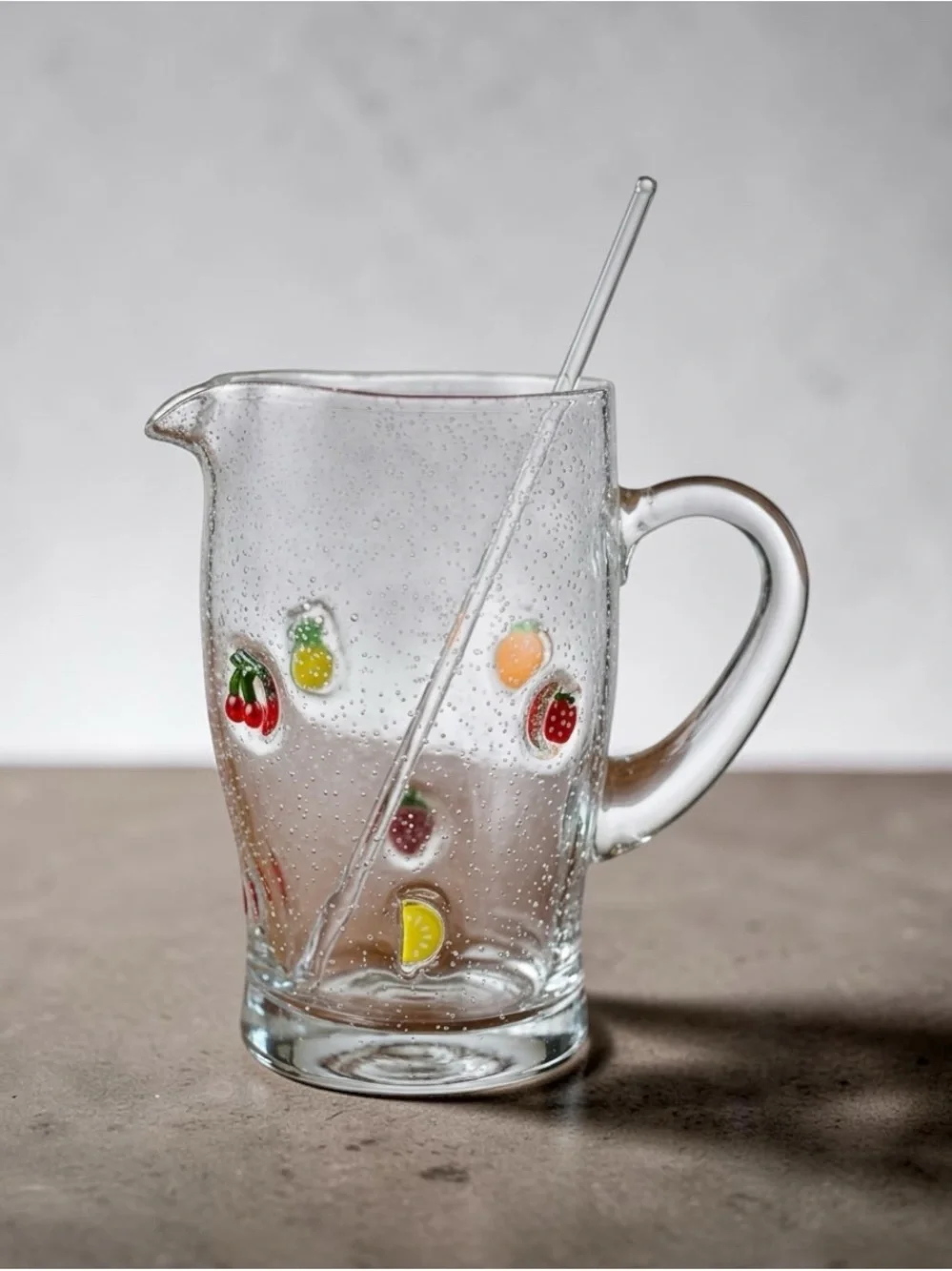 Anthropologie Clear Glass Pitcher with Multicolor Fruit Accents